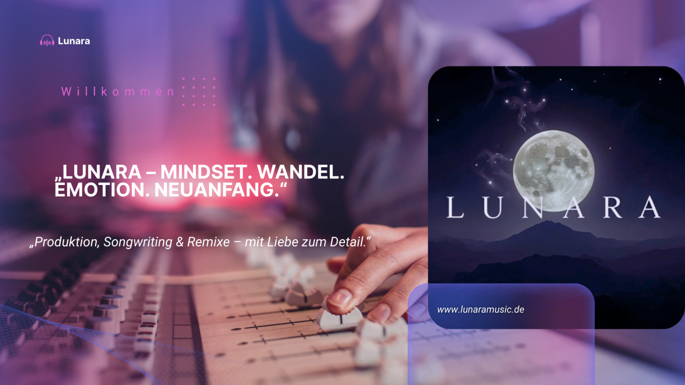 Lunara – Musik voller Emotion und Neuanfang Hero-Bereich der Startseite von Lunara: Mischpult mit Hand am Regler und Mond-Logo – Musikproduktion, Emotion und Neuanfang.