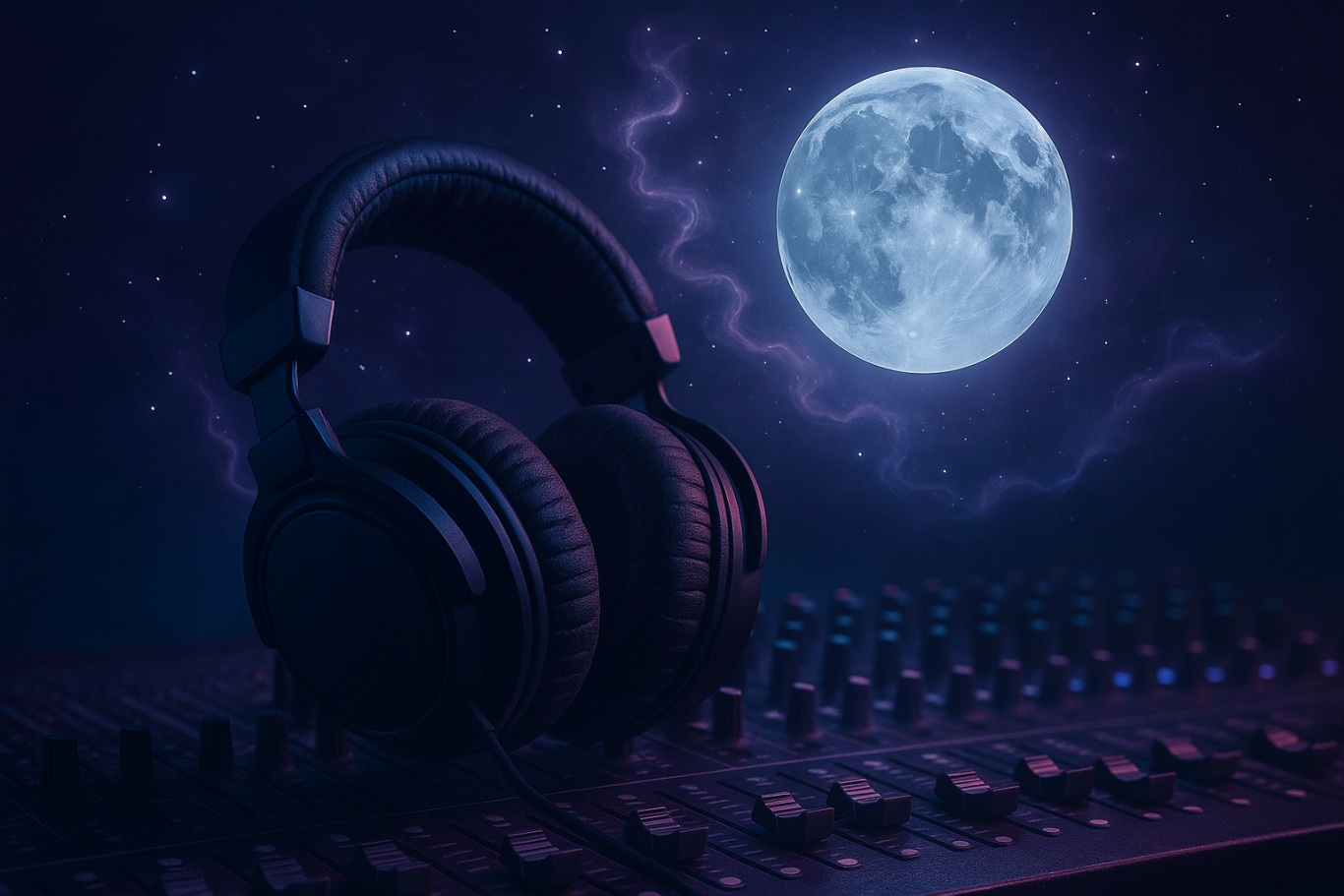 Produktion & Remixe mit Liebe zum Detail Kopfhörer vor Mond im mystischen Licht – Lunara, Produktion und Remixe mit Liebe zum Detail