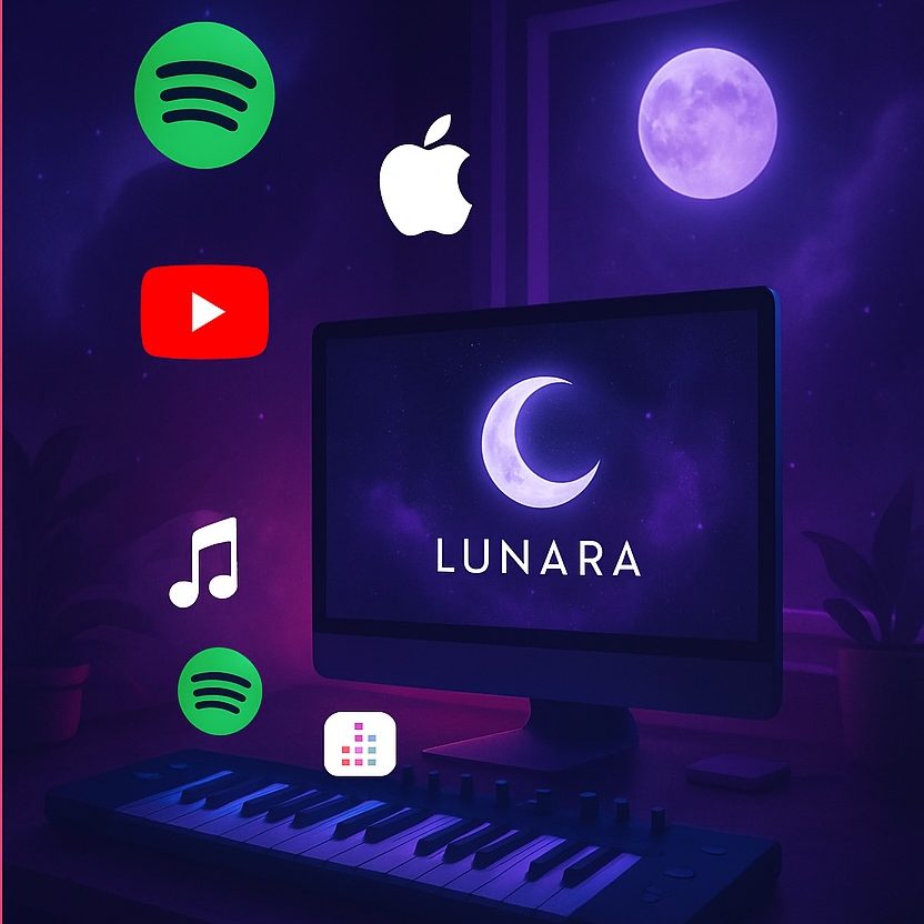 Lunara – Deine Musik. Überall. iMac Bildschirm mit Streamingdiensten – Lunara, deine Musik überall verfügbar