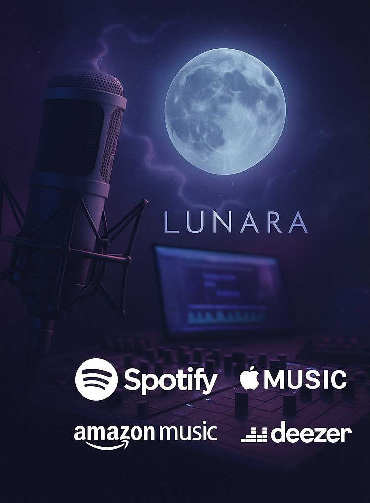 Meine Songs im Rampenlicht – Lunara auf allen Streaming-Plattformen ond mit Mikrofon, daneben Logos von Streaming-Diensten – Lunara Songs im Rampenlicht